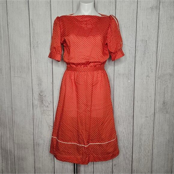 VTG 70s JCPenney Red & White Polka Dot Day Dress w Puff Sleeves - Picture 1 of 6